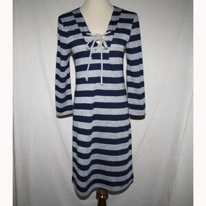Sweet Pea Stacy Frati Navy Gray Striped 3/4 Sleeve Dress Small